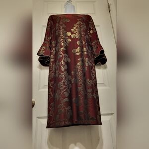 Vintage Leslie Fay Formal Dress Burgandy Gold Size 8 Midi long sleeve Polyester
